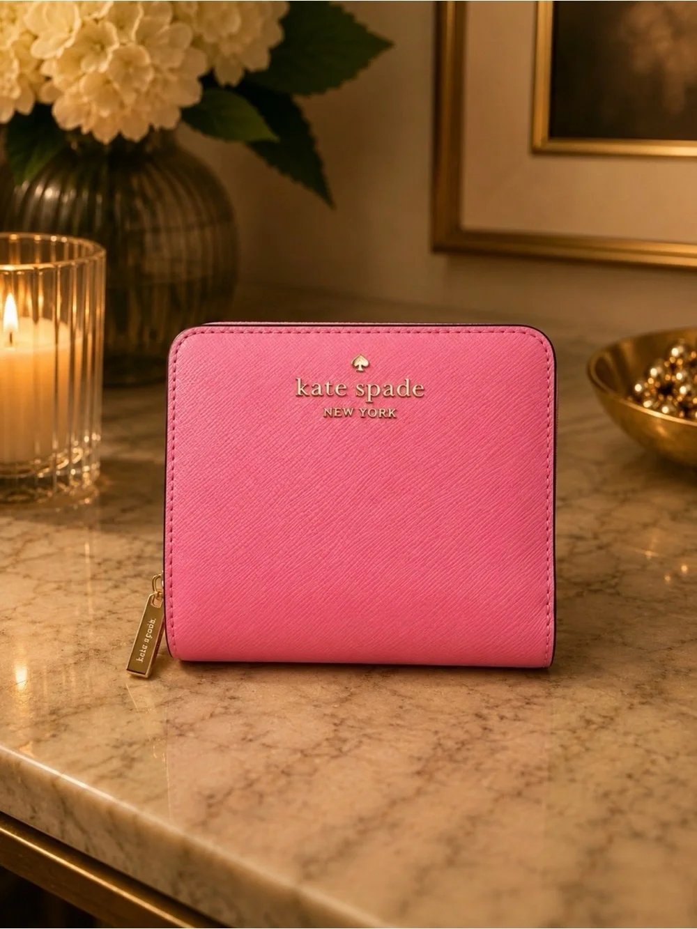 Kate Spade Pink Saffiano Bifold Zip Wallet with Gold Accents